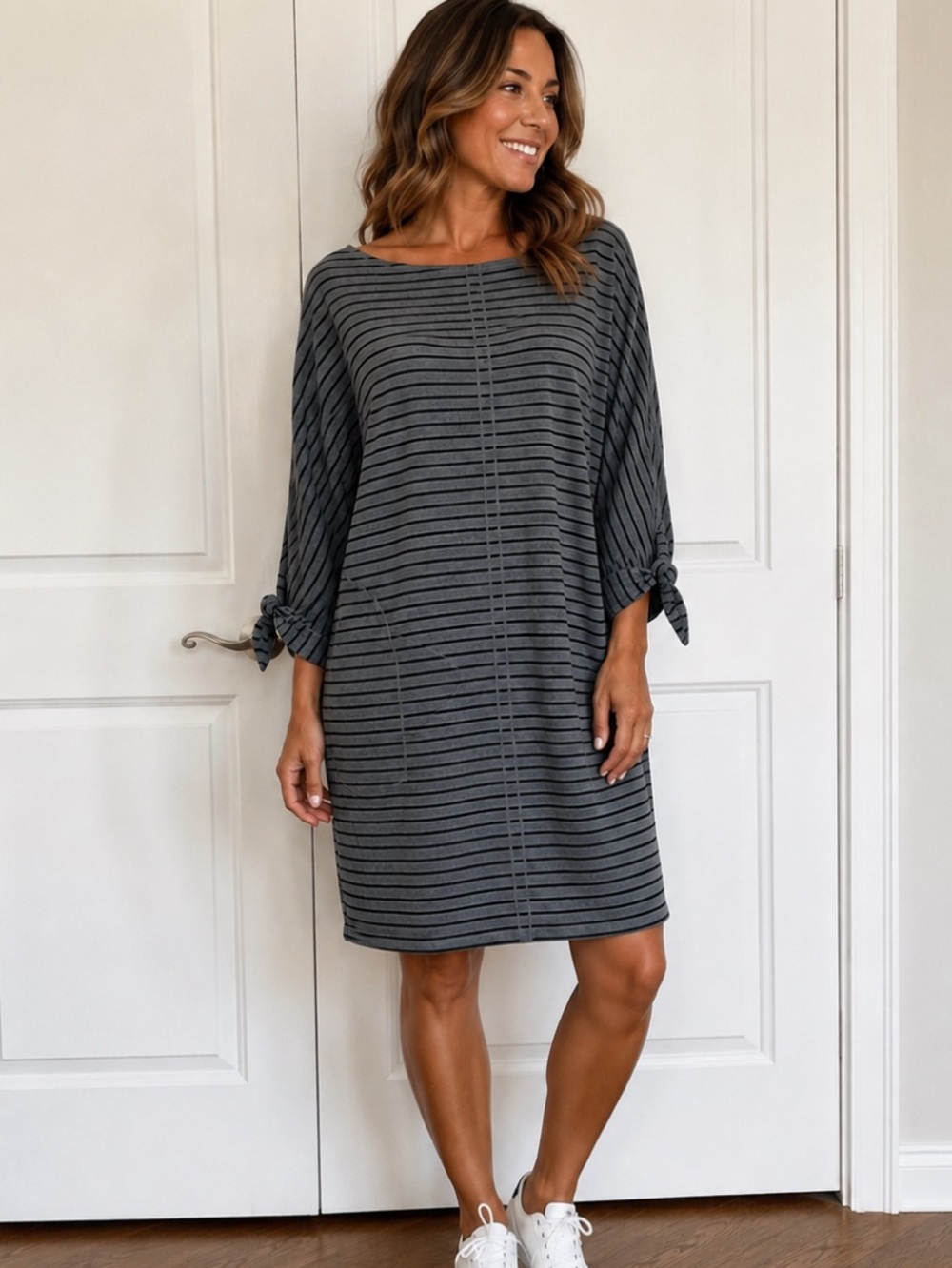 New! Max Studio Dress Pockets Gray Black Striped Size Large